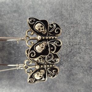 NWT Silver Skull Black Enamel Moth Earwire Earrings
